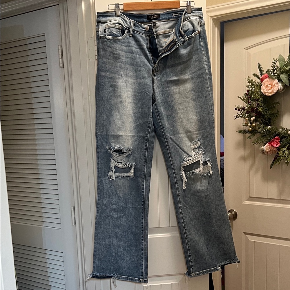 Judy Blue Distressed Straight Leg Jeans - Classic Blue